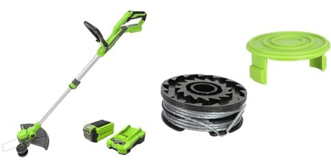 Greenworks 40V Tagliabordi con Ruota a Batteria per Giardini Piccoli e Medi & 6m di Filo a Bobina per Tagliabordi 40V a Doppio Filo con Protezione, Diametro del Filo di 2mm, per G40LT G40LTK2 G40LTK2x