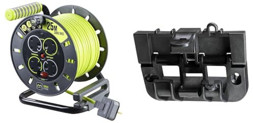 Masterplug Pro-XT Four Socket Open Cable Reel Extension Lead with Winding Handle, Thermal Cut Out & OWHB-PX Wall Hanging Bracket for Pro-XT Open Cable Reel, 10 x 5.5 x 4.5 cm, Black
