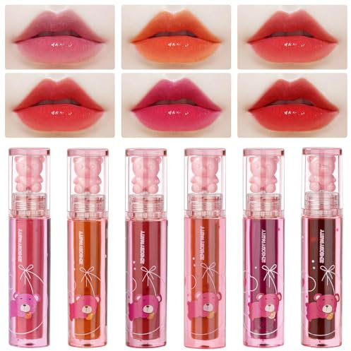 6Pcs Bear Lip Glaze Flüssig-Lippenstift, Lip Glow Oil, Sichtbar vergrößerte Lippen, Falten Mildernd, Glänzender Lipgloss Waterproof Long Lasting Cheek Rouge Tint Cosmetics