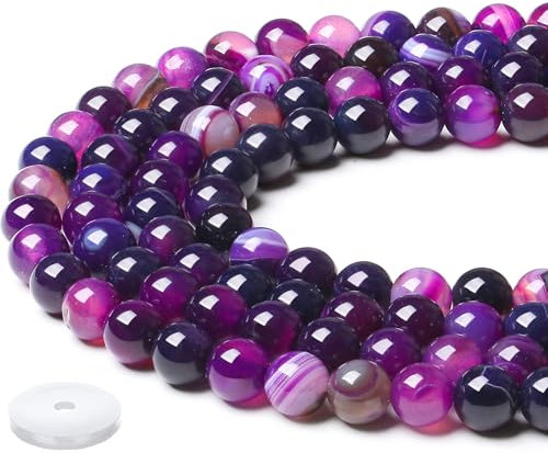 QINJIEJIE Lila gestreifter Achat Perlen 8mm mit Loch Edelstein Perlen Zum Basteln 50 Stück Runde Kristall Beads Lila Glasperlen Perlen für Armbänder Erwachsene DIY Halskette Schmuckherstellung