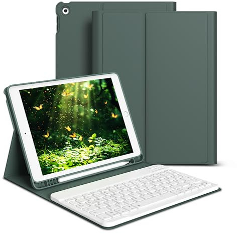 GKABXY hülle mit Tastatur für iPad 9/8/7 Generation (2021/2020/2019) 10,2 Zoll, weiche TPU-Rückseite mit Stifthalter, QWERTZ Layout, magnetische abnehmbare Bluetooth Tastatur, Nachtgrün