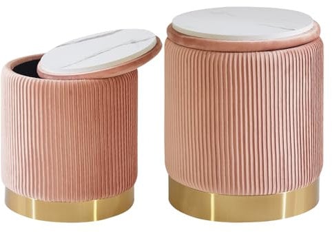 IBUYKE Set von 2-runden Ottoman mit Lagerung für Metallring Dekoration, Samt Eitelkeitshocker für Make-up, moderner gepolsterter Sitz Couchtisch, Mehrzweckfußstütze Hocker für Wohnzimmer, Rosa WBD016P