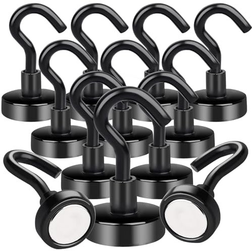 Aenienoe 12 Pack Magnetic Hooks Heavy Duty 22lb Strong Magnet with Hook Neodymium Magnet Hooks for Cruise Cabins Kitchen Fridge Van Classroom Office Camping Accessories 16mm Black