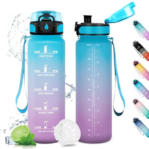Gourde Enfant 1L, Gourde Sport, Étanche et Réutilisable, Bouteille d'eau sans BPA, avec Marqueur de Temps, Gourdes pour Enfant, Adulte, Camping, Fitness, Yoga, Bureau, Gym, Cyclisme, Camping