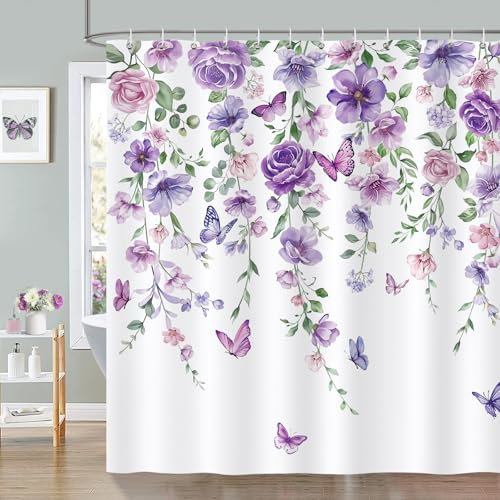 Bonhause Rideau de Douche Fleurs Feuilles de Violet Papillon Rideau de Bain Tissu Polyester Anti Moisissure Imperméable Lavable Rideaux Salle de Bain 180 x 180 cm avec 12 Crochets Baignoire