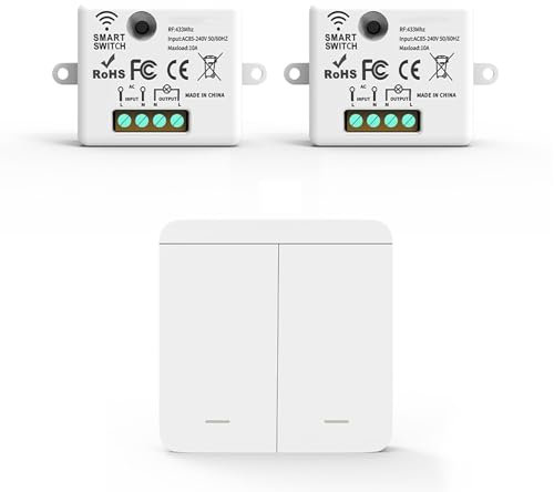 Smart WiFi Lichtschalter Kit – Empfänger + kabelloser Schalter, intelligente Fernbedienung kompatibel mit Tuya App und Google Home/Alexa (2 Empfänger und 1 Schalter (2 Tasten))