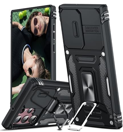 LeYi for Samsung Galaxy S22 Ultra Phone Case with Camera Cover Slider Black | and Ring Stand Holder, Tough Armour Cover Hard Heavy Duty Case for Samsung S22Ultra, Black