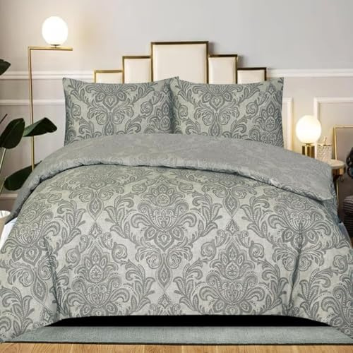 B&B Duvet Cover Set Double Size, 100% Rich Cotton Comforter Cover Bedding Sets - Soft, Thick Anti-Allergy Printed Quilt Covers with 2 Pillow Shams (Damask Grey)