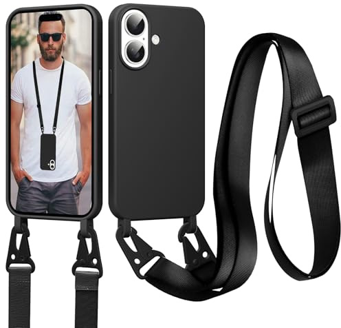 Jrkvniv Coque pour iPhone 16 avec Cordon, Collier pour Étui en Silicone Liquide avec Portable Sangle Réglable Bandouilière Lanyard Colliers, Housse Anti-Choc Case iPhone 16, Noir