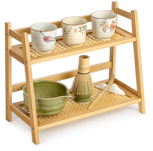 ANBOXIT Rattan-Look Coffee Station Organizer, Countertop Station Organiser | Bamboo Tea & Matcha Accessories Station Organizer, 2 Tier Mug Holder Display Stand for Kitchen, Home, Office