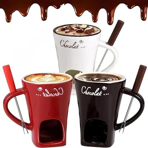 Schokofondue Tasse Set mit Gabel,Becher zum Schmelzen von Schokolade,Keramik Schoko Fondue Tassen,Mehrzweck Schokoladenfondue Tasse Set,Wärmebecher für Käse Butter Süßigkeiten Karamell (3 Stück)