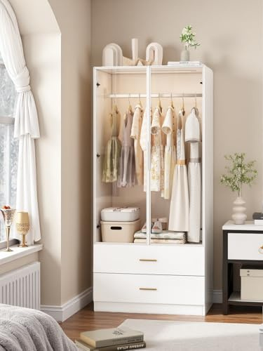 Armoire Chambre Penderie avec Miroir, 2 Portes, Armoire à Vêtements, Dressing avec 2 Tiroirs et Barre de Suspension, Style Moderne, 80 x 50 x 175 cm, Blanc