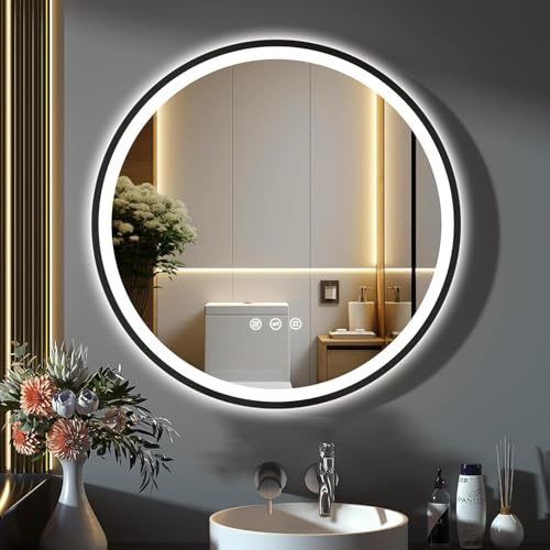 GIMBELEN Runder Spiegel mit Beleuchtung 60cm, Badezimmerspiegel Led Badspiegel Rund mit 3 Lichtfarben Dimmbar, Antibeschlag, 3000 K/ 4000 K/ 6500 K, Touch-Schalter