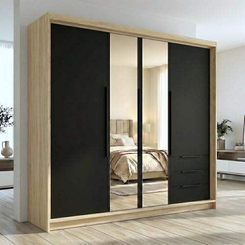 A&J MöbelLand VIVO Kleiderschrank 4-türig mit Spiegel und Schubladen – 200 x 215 cm – Drehtürenschrank mit Kleiderstange und Einlegeböden