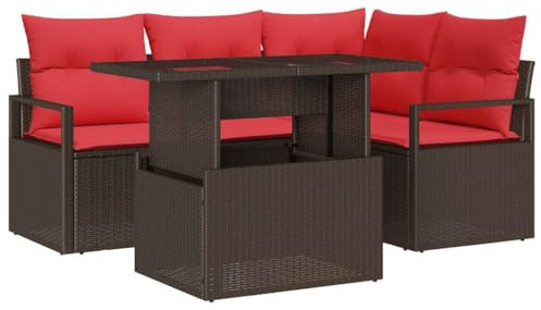 vidaXL Gartensofa-Set mit Speicher 5 pcs Braun und Rot Poly-Rattan, Anpassbares Garten- und Terrassenset, modulares Outdoor-Sofa, wetterfeste Sitzmöbel, Bequeme Frühlingsliege