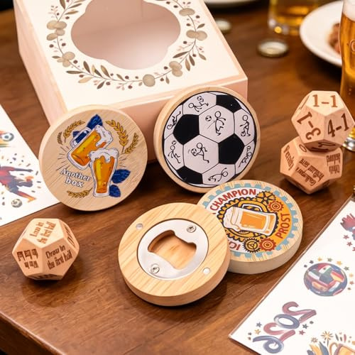 JHWELRG Runde Flaschenöffner+Funny Fußballspiel Würfelspiel mit Mini Aufkleber,Geschenke für Fußballfans,ür Gesellschaftsspiel,Bar oder auf Partys,Lustige Spiele für das Fußballschauen