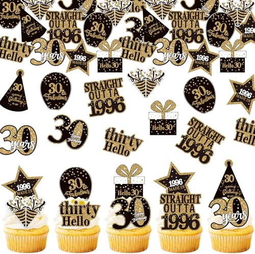 Xsstarmi 63 Pack 30th Birthday Edible Cupcake Toppers Rice Paper Straight Outta 1996 Made In 30 Hello Cupcake Picks for Cheers to 30 Years Birthday Party Cake Decorations Supplies