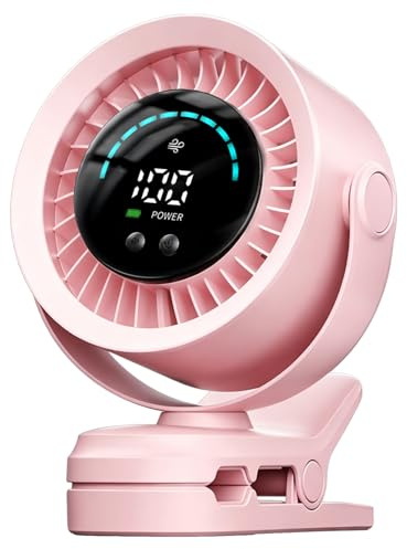 Portable Clip on Fan, USB Battery Rechargeable Quiet Pram Fan, 100 Speeds Adjustable & Led Digital, 720° Rotatable Small Desk Fan, Mini Cooling Fans for Buggy, Stroller, Car Seat, Camping (Pink)