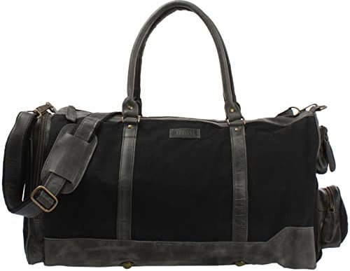 LECONI XL Reisetasche Sporttasche Canvas für Damen & Herren Canvas + Leder Weekender Unisex Handgepäck für die Reise 55x30x27cm schwarz LE2017-C