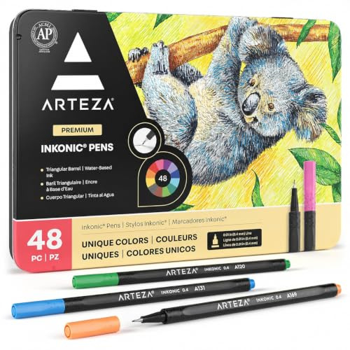 ARTEZA Inkonic Fineliner Set, 0,4mm Spitze, farbige Bullet Journal Fineliner dreikant mit ergonomischer Schaft und Farbnummern zum Ausmalen, Zeichnen und Detaillieren, 48er-Pack
