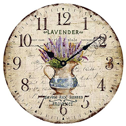 YOAI Wanduhr küchenuhr Vintage Shabby CHIC Antik Nostalgie Rustikale Quarzuhr aus MDF mit lautlosem Uhrwerk,12 Zoll/30CM Ø (Lavendel im Topf)