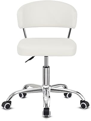 Outwin Modern White Armless Swivel Desk Chair, Home/Office, Adjustable Height, 76 to 91 cm, 120 kg Capacity, Faux Leather Seat, Steel Frame, Hard Floor, Carpet