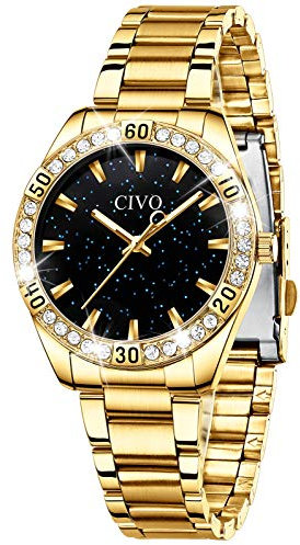 CIVO Montre Femme Acier Inoxydable Or Etanche Celeste Strass Analogique Quartz Mode Entreprise