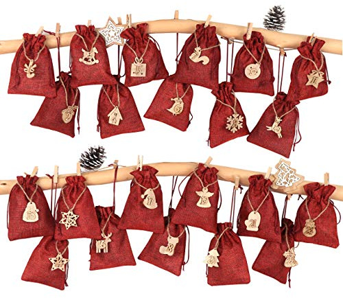 Homewit 24 Filzbeuteln Adventskalender zum selbst Befüllen, Mit 24 Stück Holzschild von Zahl 1-24, Jutesäckchen Weihnachtskalender Weihnachten Geschenktüten DIY Stoffbeutel Rot