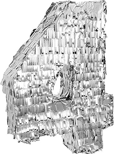 Goodtimes Pinata Zahl 4 in Silber 40cm hoch Partyspiel Zum Befüllen mit Süßigkeiten und zerschlagen Als Geschenkidee für Geburtstag Hochzeit JGA