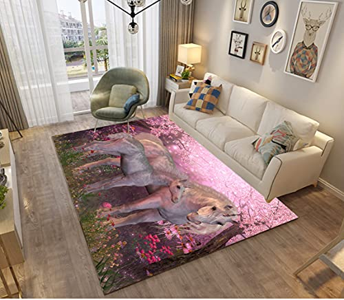 3D Tapis Chambre Enfant Fille Bebe Ado Petit Grand Tapis Animaux Licorne Arc en Ciel Cheval Motif Moderne Décoration Chambre Doux Flanelle Antiderapant Tapis Salon Coloré (120x160cm,Rose)