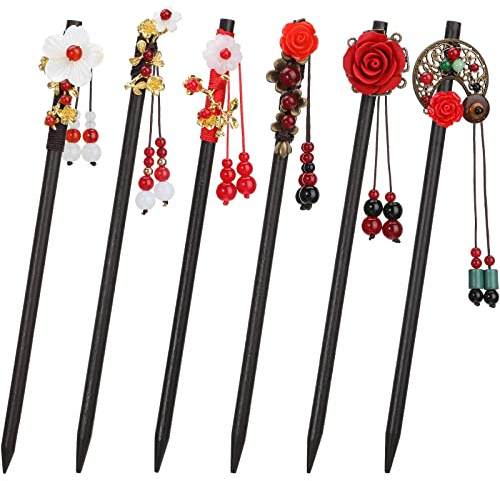 WILLBOND Lot de 6 baguettes à cheveux chinoises vintage japonaises en bois - Accessoires pour femme - Motif floral asiatique classique rétro - Épingles à fleurs faites à la main pour cheveux longs
