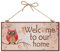 CREATCABIN Bienvenido A Nuestro Hogar Letrero de Madera de Búho Decorativo Decoración del Hogar Letrero de Madera Placa Colgante Arte de Pared Tablero de Madera Letrero para Puerta