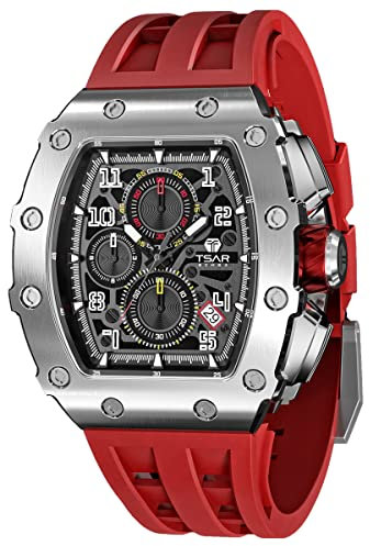 TSAR BOMBA Uhren Herren Luxus Armbanduhr Herren Chronograph 50M Wasserdicht Saphirglas Japan Quarzwerk TMI VK67 Silikonband Klassisches Tonneau Design Leuchtendes Kalender Männer Uhr