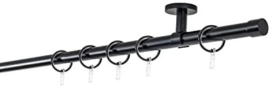 ondeco Gardinenstange auf Maß 20mm Cap 1-lauf Vorhangstange Deckenträger 4cm Stilgarnitur mit Ringen für Vorhänge 280cm Schwarz