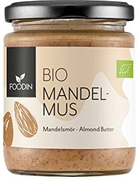 FOODIN Bio Mandelmus braun im Glas, Mandelbutter, ausgezeichnete Protein- und Fettsäurenquelle, 100% biologisch, glutenfrei und vegan (250g)
