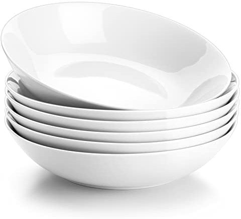 MALACASA, Series Regular, 8'' Pasta Bowl, Porcelain Salad Pasta Bowl, Large Ceramic White Soup Bowl Set, Serving Plates for Salad Pasta Soup Fruit, Microwave Dishwasher Safe, Set of 6