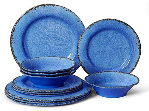 LEHAHA Juego de vajilla de melamina de 12 piezas, sin BPA, para exteriores, para 4, un juego de platos rústicos ligeros e irrompibles para patio, caravana y camping