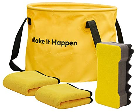 HOTO Auto Reinigungsset, Autopflege Set, 20L Outdoor Faltschüssel, doppelseitiger Reinigungsschwamm, Microfasertuch für Auto Waschen, Wandern Camping, Party und Garten