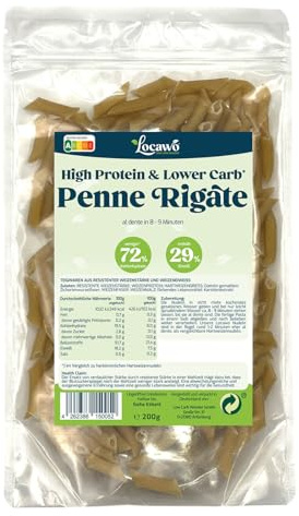 Locawo High Protein & Low Carb Nudeln Penne Rigate | 76% weniger Kohlenhydrate | 12-fache Menge Ballaststoffe | Vegan