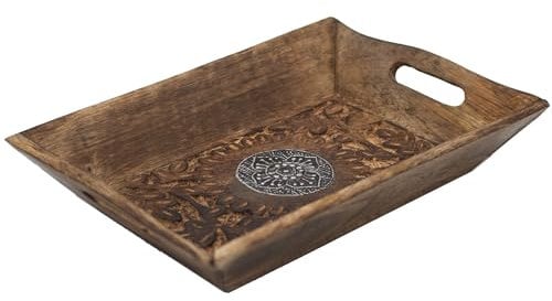 Diko.style® - Dekotablett Rechteckig Hholzschale Klein -24x15,5x4,5 cm- Holztablett dekoschale länglichc - orientalische deko Boho- Holzbrett Deko - Dekotablett Holz - Lotusblume