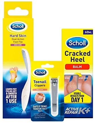 Scholl Footcare Bundle - includes 1 x Scholl Manual Footfile, 1 x Scholl Toenail Clippers, and 1 x Scholl Cracked Heel Repair Balm