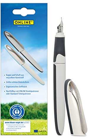 Online Füller Air Grau | Blauer Engel zertifiziert | hochwertiger Schul-Füller in ergonomischem Dreiecks-Design | stabile Iridiumfeder, Breite M | nachfüllbar | inklusive Tintenpatrone blau