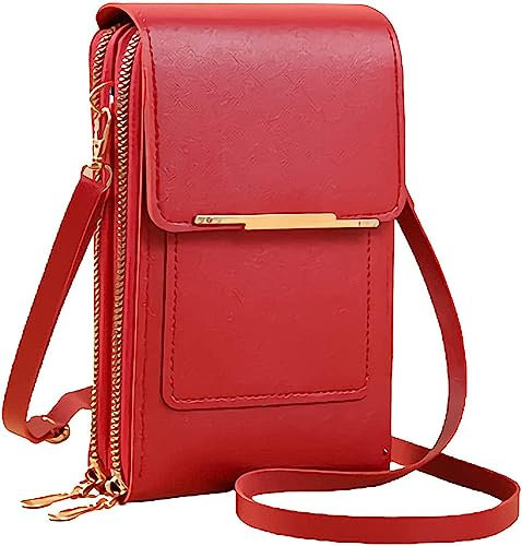 matago Sacoche en cuir antivol - Petit sac à bandoulière léger en similicuir pour téléphone portable, pour femmes, avec fenêtre pour écran tactile (Rouge)