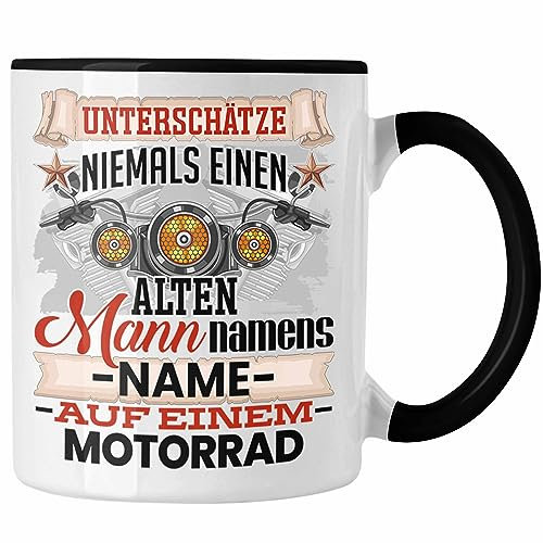 Trendation - Motorradfahrer Tasse Geschenk Personalisiert Name Motorrad Biker Geschenkidee Spruch Unterschätze Niemals (Schwarz)