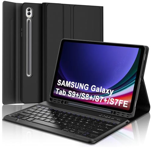 Funda con Teclado para Samsung Galaxy Tab S9 Plus 12.4, Teclado Bluetooth Inalámbrico Desmontable con Portalápices para Galaxy Tab S9/S8/S7 Plus/S7 FE 12.4 Pulgadas, Negro