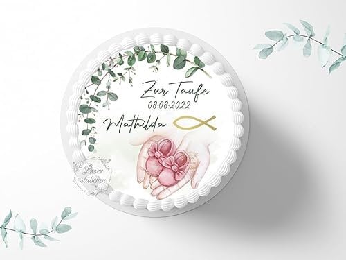 Tortenaufleger rosa Schühchen personalisierbar zur Taufe, ⌀20cm Zuckerbild, Foto für Torten, Fondant 5007T