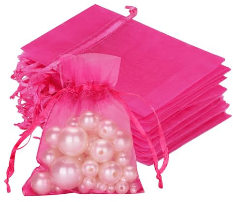 jijAcraft Bolsas de Organza Pequeñas Bolsas de Organza de Color Rosa Fuerte para Bodas 7 * 9 CM, Paquete de 50 con cordón, Bolsas de joyería para Regalo de Dulces, Bolsas de Regalo para Bodas