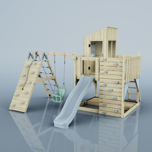 Rebo Spielturm mit Wellenrutsche aus Holz | Outdoor Klettergerüst mit Kinderschaukel, Kletterwand, Plattform und Spielhaus mit Fenstern aus Acryl-Glas