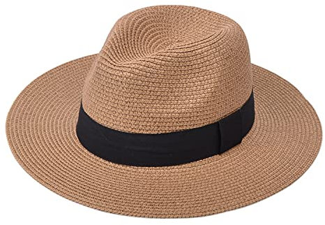 DRESHOW Damen Panama Hut Breiter Krempe Stroh Sommer Fedora Strohhut Panama Aufrollen Hut Strand Rollbar UV Sonnenhut UPF 50 +