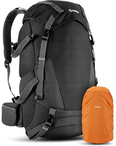 SASMO® Wanderrucksack 40l + 5l mit Kontaktrücken (Schwarz) | isoliertes Frontfach & integrierter Kulturbeutel | Wanderrucksack Herren & Damen + Schuhfach | inkl. Regenschutz